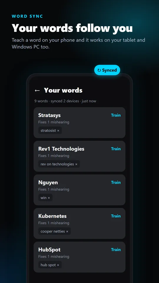 Your words list synced across devices
