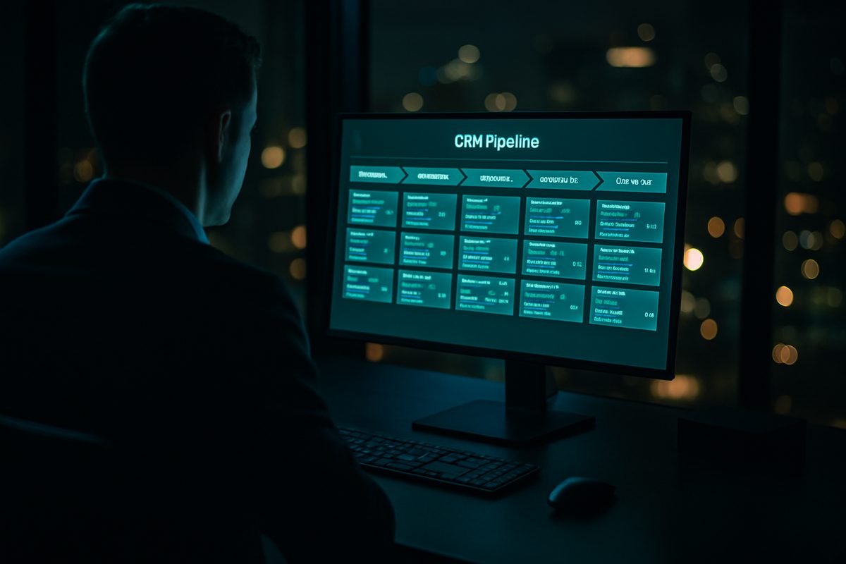 Broker reviewing a glowing CRM pipeline dashboard at night